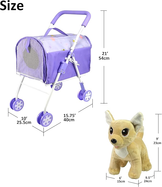 ANIVIA Pet Stroller and Accessories for Kids Ages 3 to 7 Year Olds, Dog Toy for Toddlers, 2 Pieces Play Dog Set, Puppy Party Playset with 1 Pet Puppy Included Purple