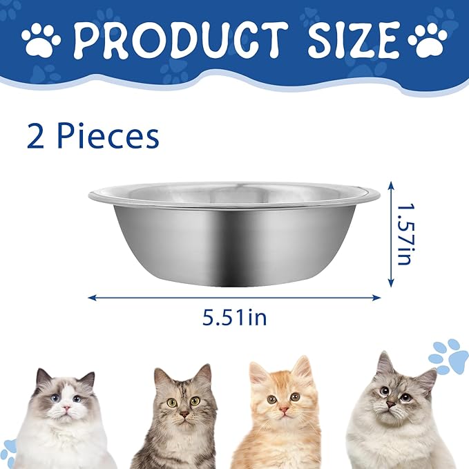 ZUFECY 2-Pack Cat Bowls, Stainless Steel Cat Bowl, Pet Food & Water Dishes, Non-Tip and Easy Clean Kitten Bowls for Small Cats, Indoor/Outdoor Use