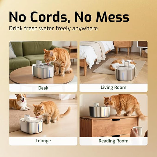 Wireless Cat Water Fountain Stainless Steel,135floz/4L Battery Operated Automatic Pet Fountain,Cordless Cat Water Dispenser Pet Drinking Water Fountain for Multicat Cats Dog Outdoor