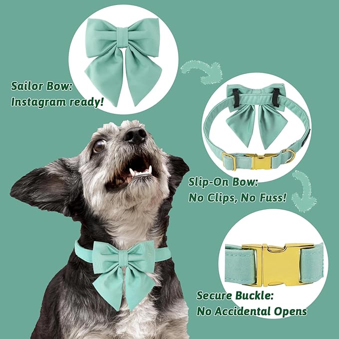 Maca Bates Mint Green Dog Collar with Cute Solid Sailor Bow Tie for Extra Large Girl Boy Dogs,Adjustbale Durable Breakaway Soft Collars with Bowtie for Female Male Puppy,Pet with Metal Buckle