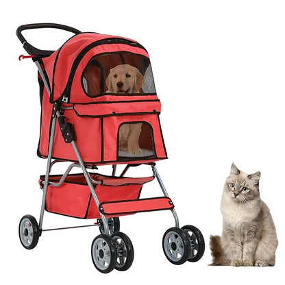 Pet Stroller for Small Medium Dogs & Cats, 4-Wheel Breathable Compact Foldable Dog Carrier with Storage Basket, Outdoor Portable Lightweight Travel Stroller for Camping,Red