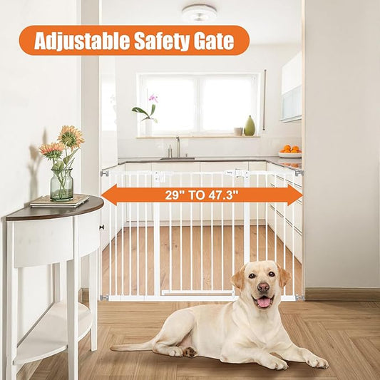 keny 29"-47.3" Extra Wide Baby Gate for Stairs, Auto Close Safety Dog Gate, Pressure Mounted No Drilling Pet Gate for Doorways, Easy Walk Through Stair Gate for Kids Todder, 30" Tall, White