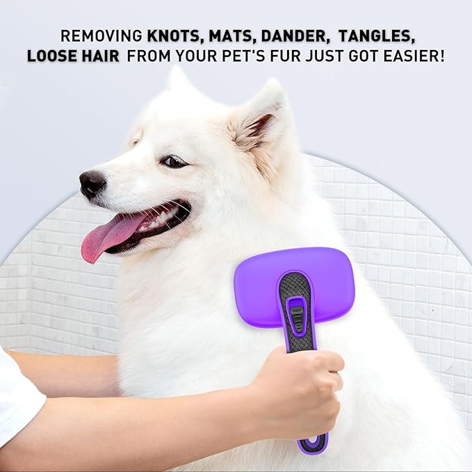 Self Cleaning Slicker Brush for Dog, Cat, Skin Friendly Shedding & Grooming Tool for Long and Short Haired Pets, Easy Clean Retractable Bristles, Purple