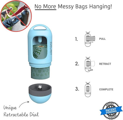 SVD.PET Dog Poop Bag Dispenser, Retractable Waste Bag Fits Any Dog Leash, 15 Waste Bags, Poop Bag Holder, Doggy Walking Accessory (Columbia Blue)