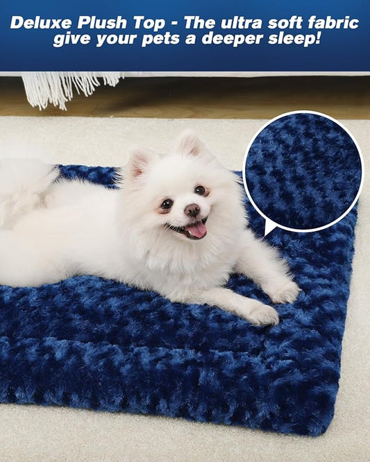 Washable Dog Bed Mat Reversible Dog Crate Pad Soft Fluffy Pet Kennel Beds Dog Sleeping Mattress for Large Jumbo Medium Small Dogs, 41 x 27 Inch, Blue
