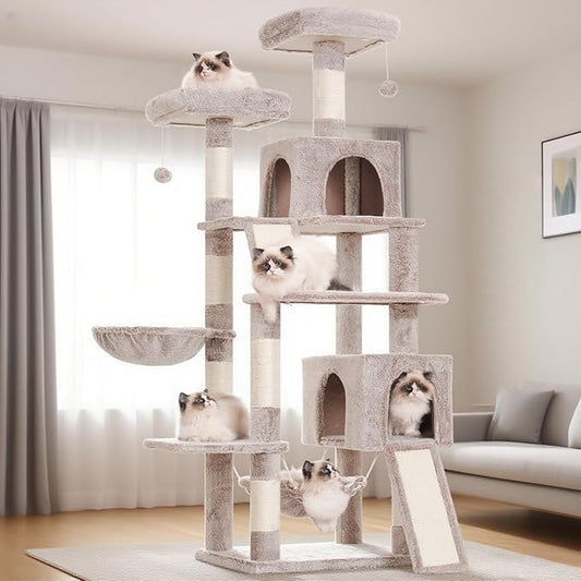 Gitelsnour Cat Tree for Indoor Cats, 71'' (180cm) Multi-Level Cat Tower for Large Adult, Sturdy Cat Tree House with 2 Scratching Boards 7 Posts, 2 Plush Perches/Condos, Hammock, Muchroom GCT032MU