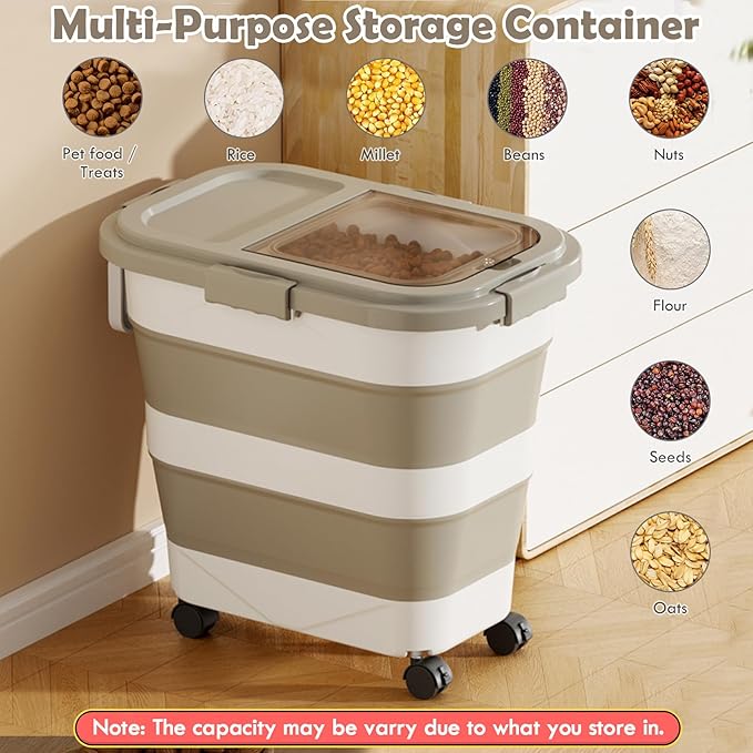 Dog Food Storage Container, 25lbs Large Collapsible Pet Cat Food Container with Airtight Lids Wheels Handle Scoop Measuring Cup Small Container, Rice Kitchen Dry Food Storage Dispenser Bin (Khaki)