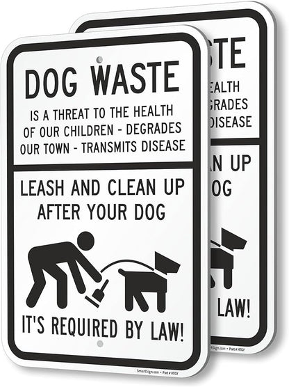 SmartSign Dog Waste Is A Threat Sign, Leash Clean Up After Your Dog Sign (2-Pack), 18 x 12 inch, 80 mil thick Aluminum Composite (ACM), Pre-Drilled Holes, White and Black, Made in USA