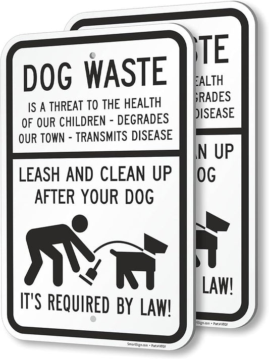 SmartSign Dog Waste Is A Threat Sign, Leash Clean Up After Your Dog Sign (2-Pack), 18 x 12 inch, 80 mil thick Aluminum Composite (ACM), Pre-Drilled Holes, White and Black, Made in USA
