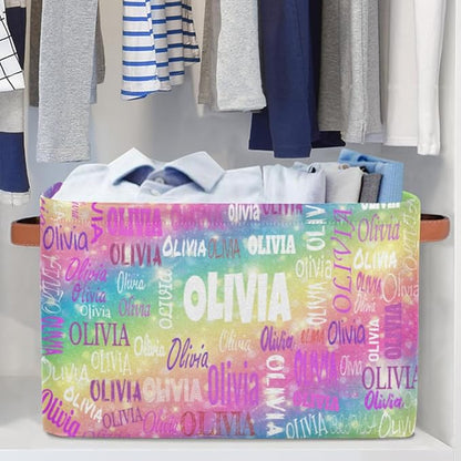 Personalized Name Storage Basket with Handles, Canvas Storage Bins Toys Clothes Organizer for Bedroom, Kitchen, Bathroom, Nursery, Shelves, Closets, Gradient Colorful Pink Yellow Green with Stars
