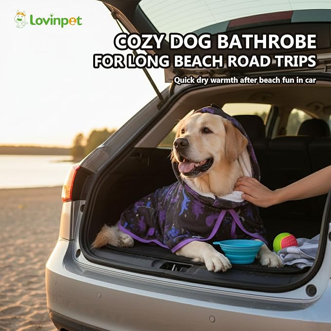LovinPet 3‑in‑1 Dog Warm Winter Coat & Bathrobe, Hooded Dinosaur Fleece, Lightweight High‑Loft, Absorbent Knit, Quiet Hook‑and‑Loop, Wind‑Blocking Edges, Dog Robes for Medium & Large Dogs, Black,XL