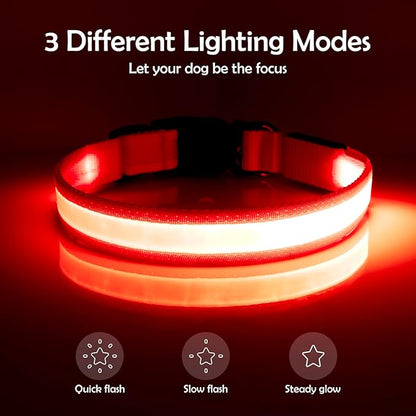 Vizpet LED Dog Collar, Light Up Dog Collar Adjustable USB Rechargeable Super Bright Safety Light Glowing Collars for Dogs(Large,Red)