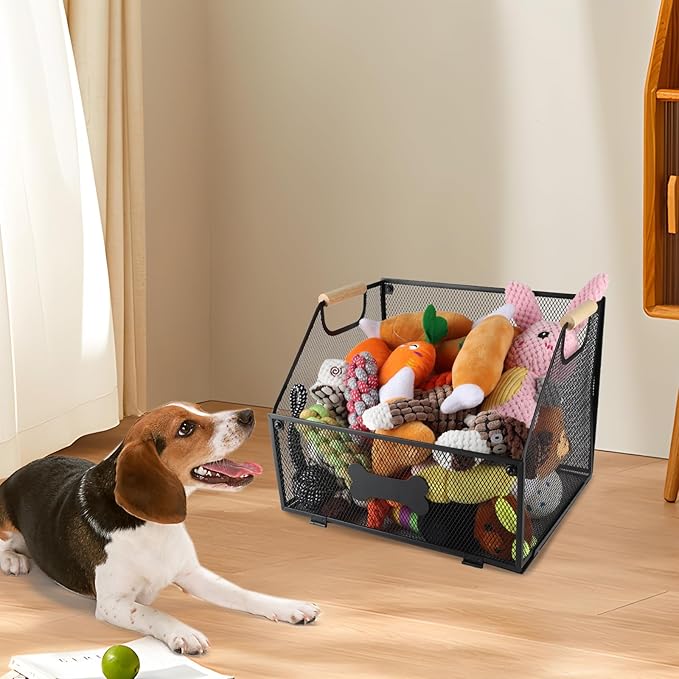 Metal Dog Toy Basket Collapsible,Mesh Wire Pet Toy Basket,Trapezoidal Cat Toy Bin with Wooden Handles,Dog Storage Organizer,Ideal for Pet Accessories-Easy Access