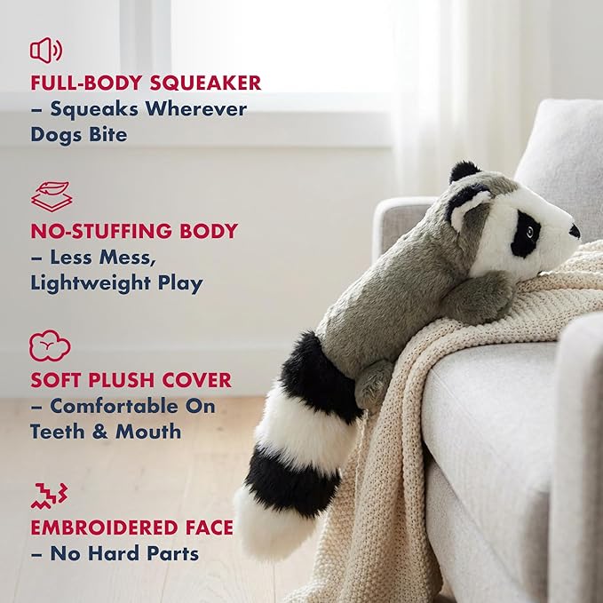 Pet Lou 11 Inch Raccoon Dog Chew Toy, No-Stuffing Plush Dog Toy with Full-Body Squeaker, Durable Interactive Squeaky Toy for Anti-Boredom Play