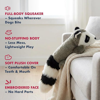 Pet Lou 11 Inch Raccoon Dog Chew Toy, No-Stuffing Plush Dog Toy with Full-Body Squeaker, Durable Interactive Squeaky Toy for Anti-Boredom Play
