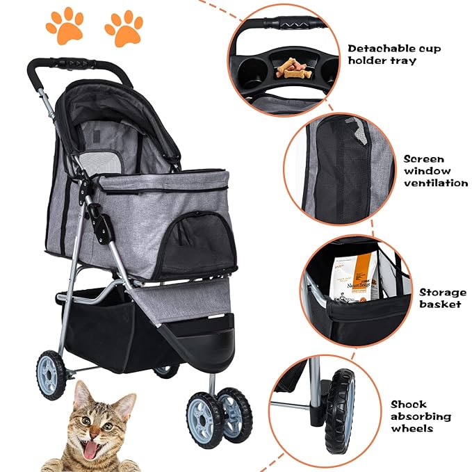 Dog Stroller for Small Dogs,Pet Stroller Strolling Cart Folding Pet Gear Lightweight Waterproof with Storage Basket for Puppy Small Medium Dogs Cats for Travel,Grey