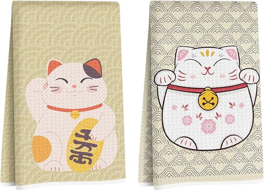 2 Pcs Japanese Lucky Cat Kitchen Towels 24x14 Inch, Maneki Neko Gifts Reusable Dish Towels for Kitchen Bathroom Decor, Waffle Weave Hand Cloth Tea Towel, Cute Cat Gifts for Women Mom Friend