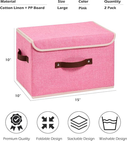 2PCS Storage Boxes with Lid Cotton Linen Fabric Storage Bins Organizer Container Decorative Collapsible Washable Shelf Closet Baskets Faux Leather Handles Home Bedroom (Pink, Large)