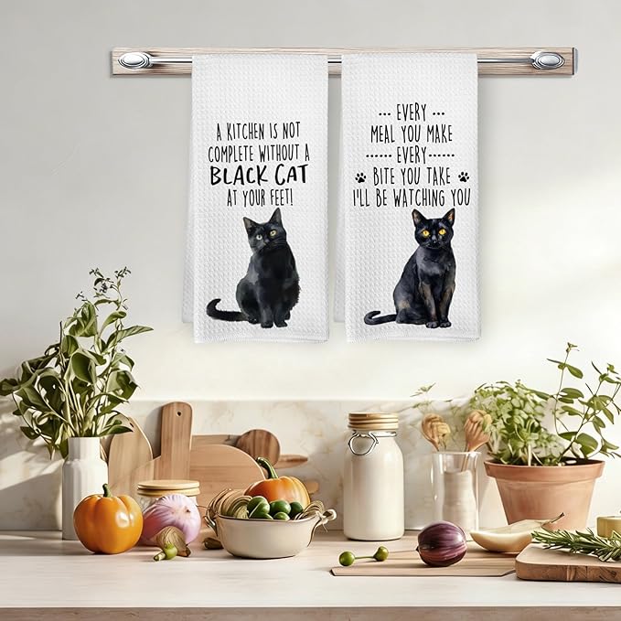 Funny Black Cat Kitchen Towels, Black Cat Mom Lady Lovers Gifts for Women Hand Towels, Gifts for Pet Lovers Dishcloths Dish Towel for Kitchen 16x24 Inches Set of 2