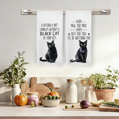 Funny Black Cat Kitchen Towels, Black Cat Mom Lady Lovers Gifts for Women Hand Towels, Gifts for Pet Lovers Dishcloths Dish Towel for Kitchen 16x24 Inches Set of 2