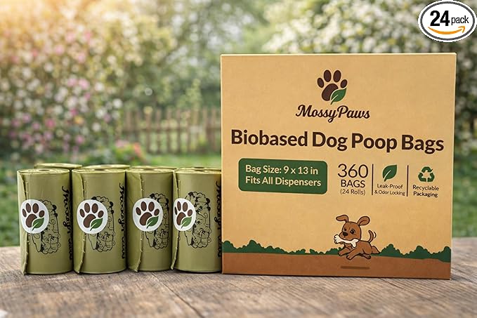 MossyPaws Biobased Dog Poop Bags – 360 Count (24 Rolls) – Plant-Based, Leak-Proof, Durable – Eco-Friendly Pet Waste Bags with Recyclable Packaging – 9x13 Inch – Fits All Dispensers