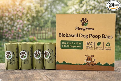 MossyPaws Biobased Dog Poop Bags – 360 Count (24 Rolls) – Plant-Based, Leak-Proof, Durable – Eco-Friendly Pet Waste Bags with Recyclable Packaging – 9x13 Inch – Fits All Dispensers