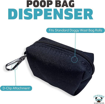 Joyride Harness Poop Bag Dispenser - 1 Additional Roll of Premium 9”x13” Poop Bags Included, D-Clip Attaches to Leash or Harness - Fits Standard Doggy Waste Bag Rolls