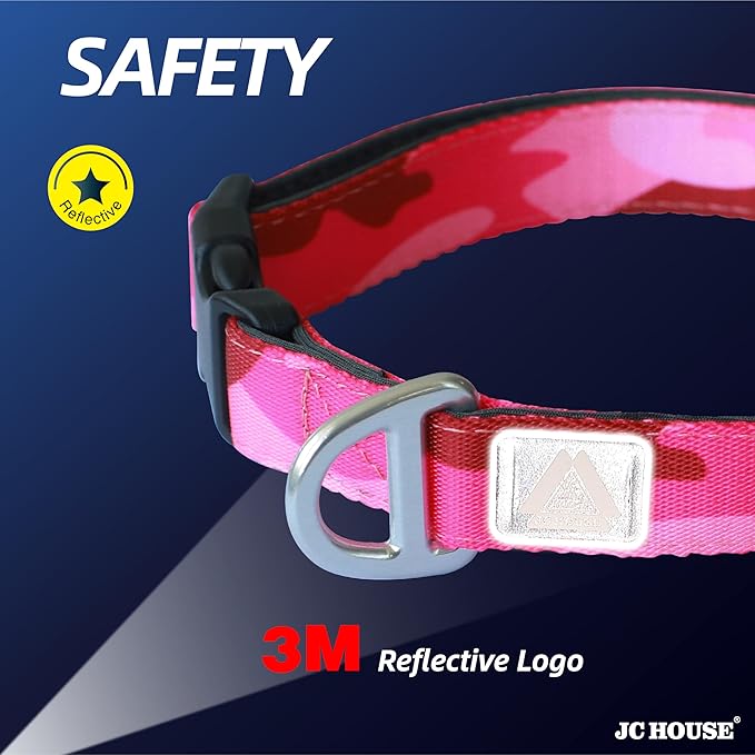 Soft Padded Dog Collar, Neck 9’’-14’’, Adjustable Heavy Duty Collar with 3M Reflective Logo for Small Dogs, Camo Pink, S