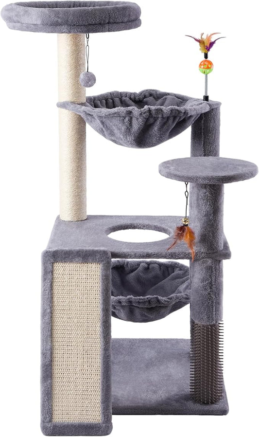Multi-Level Cat Tree for Indoor Cats, Cat Tree Tower with Big Cat Hammock and Self-Grooming Brush, Cat Tower with Scratch Ladder, Indoor Climbing Activity Tower with Scratching Posts, Grey