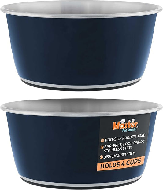 Master Pet Supply Stainless Steel Dog Bowls Set of 2 (32 Oz Each) with Non-Slip Rubber Base - Navy Blue - Basic Dog Food Bowl Water & Food Bowls for Small Medium Large Dogs & Cats, Metal Dish