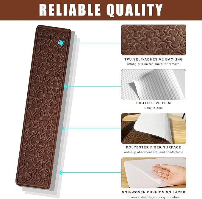 4Pcs Stair Treads for Wooden Steps Indoor with Self Adhesive, 8"x30" Non Slip Stair Runners-Peel & Stick Indoor Stair Carpet Runner, Resistant Indoor Runner for Kids、Elders and Pets,Dark Brown