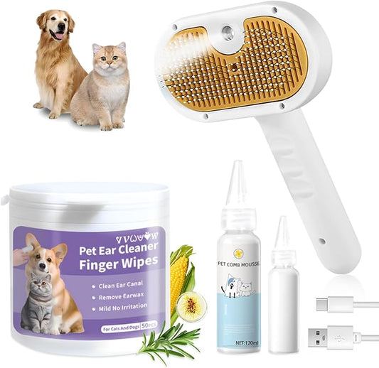 Pet Steam Brush for Dog & Cat – 3-in-1 Spray Hair Removal Comb for Shedding & Grooming, Softens Fur & Reduces Static – Water Brush for Long & Short Coats, Bath-Hating Pets, Includes Waterless Shampoo