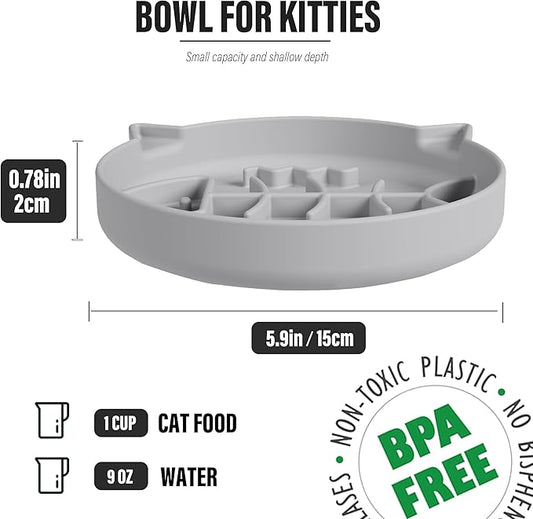 Silicone Cat Slow Feeder Bowl with Suction Cups - Interactive Puzzle Toy to Reduce Overeating in Kitty(Gray, 1 Cup)