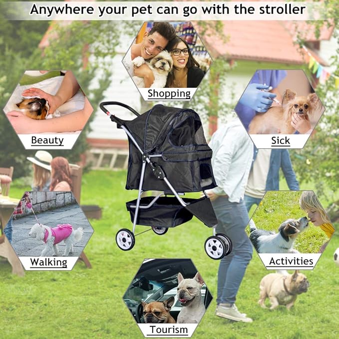 Dkeli 3-Wheel Pet Stroller, Lightweight Foldable Dog Stroller for Small Medium Dogs & Cats, Breathable Mesh & Weather Cover with Storage Basket, for Daily Walk Outdoor Travel (Black)
