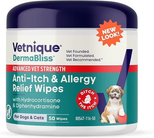 Vetnique Dermabliss 3-in-1 Medicated Dog Wipes - Relief for Itchy Skin, Allergies & Odor Control, Gentle No-Sting Formula, Antihistamine & Hydrocortisone Paw Wipes for Dogs & Cats 50 Count