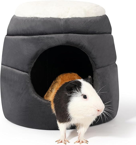 Guinea Pig Hideout - 2 in 1 Foldable Guinea Pig Bed with Pure White Soft Top, Large Entrance for 1 Adult Small Pet, Ideal Bed for Small Pets, Dark Gray
