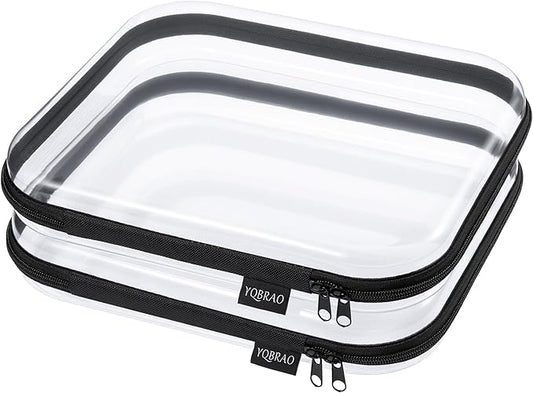 Hard Sided Clear Zipper Case for Storage- Professional-Grade Plastic Clear Zipper Pencil Case,Toy Storage Bins, Toiletry Pouch, Travel Organizer, Cosmetic Bag（Black,2 Pack, L）
