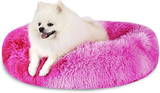 Calming Dog Bed for Small Dogs Cats, Kitty Puppy 23'' Round Anti-Anxiety Warm Fluffy Plush Faux Fur Bed, Soft Anti-Slip Donut Washable Small Pet Bed, Cozy Cat Puppy Bed, Fits up to 30 lbs Pets