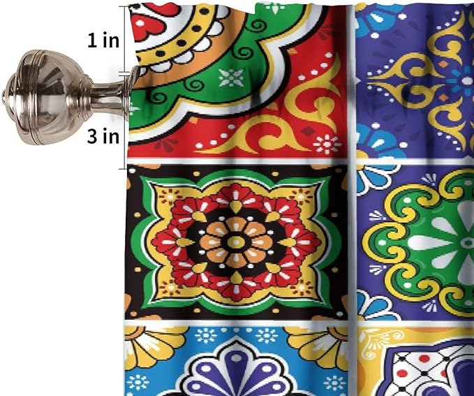 Mexican Style Valances Curtain for Kitchen Cafe, Tiles Print Colorful Flowers Leaves Swirl Pattern Window Treatment Valances Short Curtains Rod Pocket Drape for Dining Room Home Decor, 54x18inch