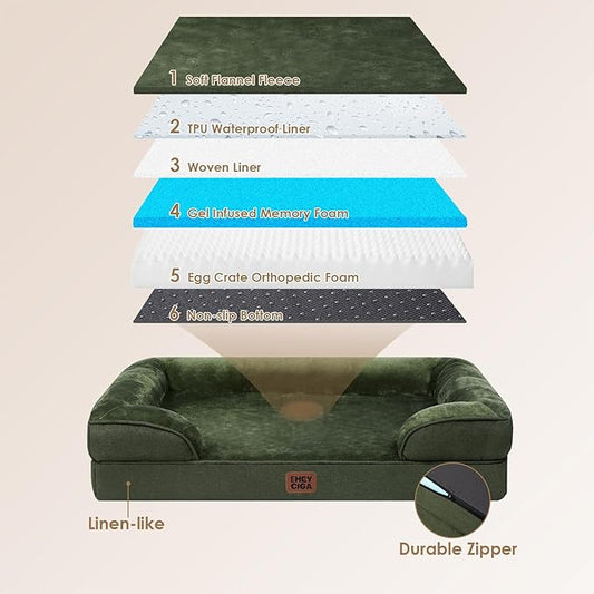 EHEYCIGA Orthopedic Dog Beds for Large Dogs, Waterproof Memory Foam Large Dog Bed with Sides, Non-Slip Bottom and Egg-Crate Foam Pet Couch Bed with Washable Removable Cover, Dark Green