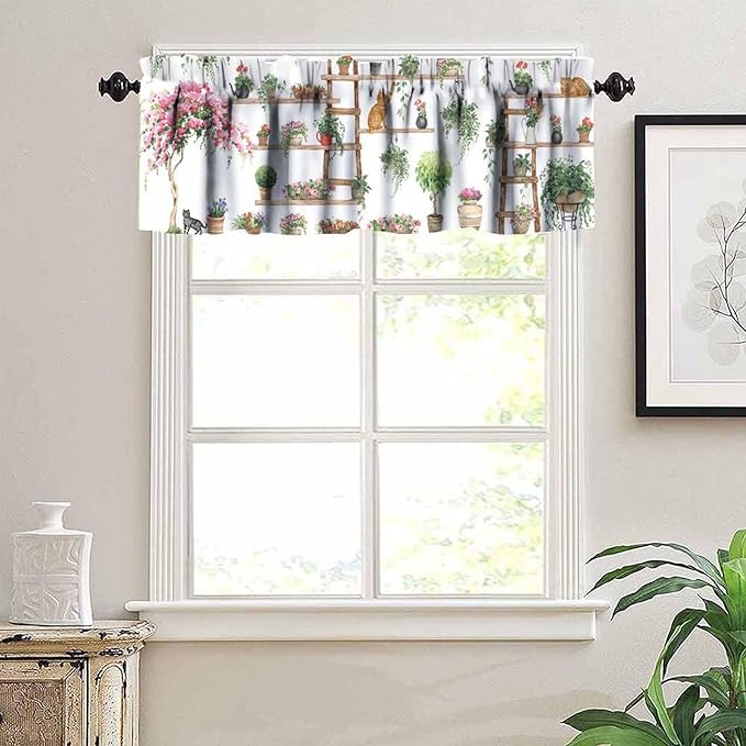Vintage Bohemian Flower Window Valance Curtains, Colorful Succulent Plants Cute Cats Art Green House Plant Potted Flower Valance Curtain for Farmhouse Bedroom Living Room Kitchen 54x18inch