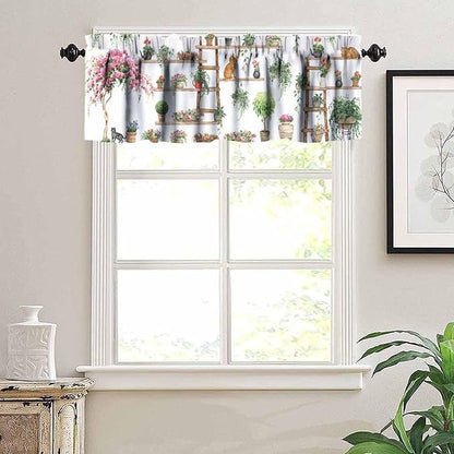 Vintage Bohemian Flower Window Valance Curtains, Colorful Succulent Plants Cute Cats Art Green House Plant Potted Flower Valance Curtain for Farmhouse Bedroom Living Room Kitchen 54x18inch