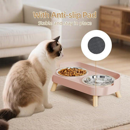 Elevated Cat Bowl, Raised Cat Food and Water Bowl Set for Indoor Cats, Splash Proof with 2 Stainless Steel Pet Food Bowls for Cats and Puppies, Whisker Fatigue and Dishwasher Safe - Pink
