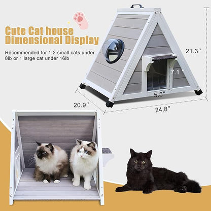 Deblue Outdoor Cat House for Feral Cats, Weatherproof Wooden Cat House for Small Pets, Unique Cat Shelter with Escape Door, Clear Window-Grey