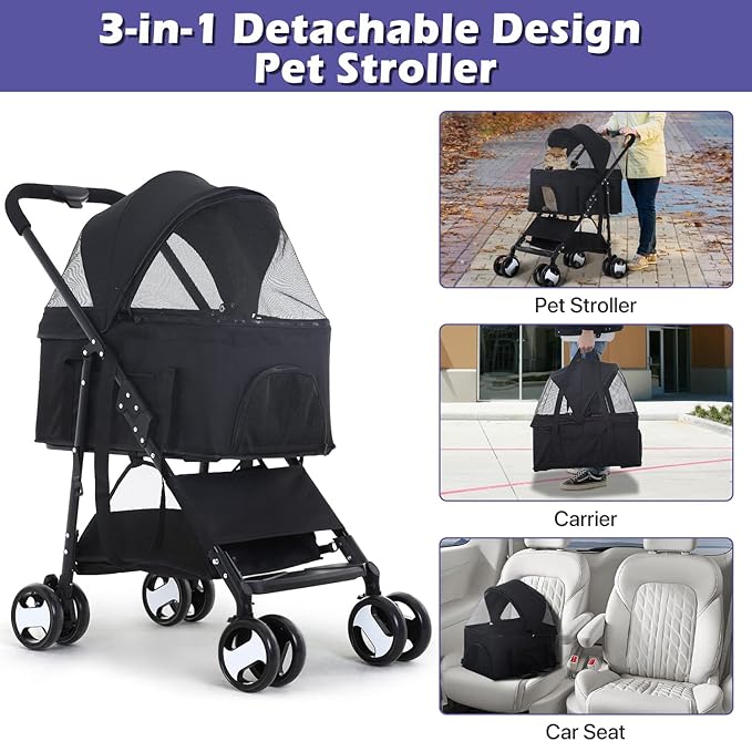 3-in-1 Folding Pet Stroller for Medium Small Dogs Cats - 4 Wheels Lightweight Travel With Detachable Carrier, Black