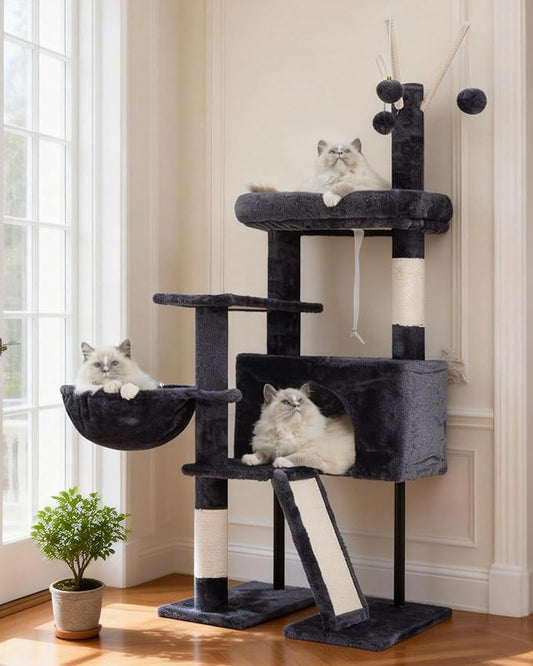 Gitelsnour Cat Tree for Indoor Cats, Cat Tower with Scratching Post for Small Cats and Kittens, Cat House with Removable Top Platform and Fluffy Balls, Hanging Cat Basket, Smoky Gray GCT006SG