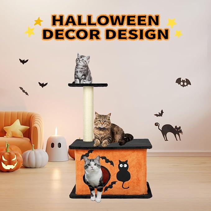 VINGLI 43.4in Halloween Cat Tree Tower, Indoor Gothic Cat House with Sisal-Covered Scratching Posts & Platforms & Cat House Caves Box with Gesture, Black & Orange