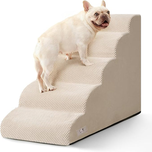 5 Step Dog Stairs for High Bed – Pet Steps for Small Dogs, Non-Slip Dog Ramp with Washable Cover, Pet Ladder for High Beds,Beige
