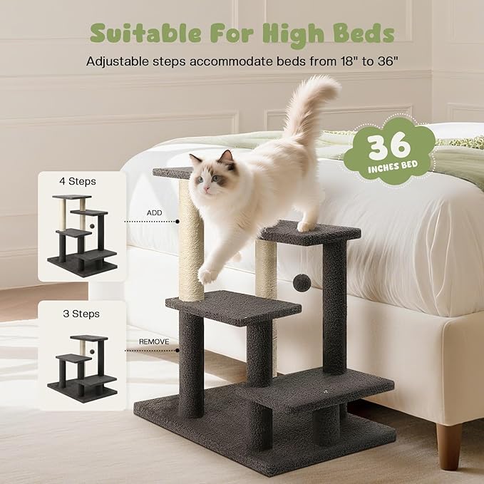 4-Step Pet Steps for Cats/Dogs, Cat Stairs with Sisal Scratching Post, Cat Steps for Older Cats with Enlarge Perch, Pet Stairs for High Bed and Couch, Gray