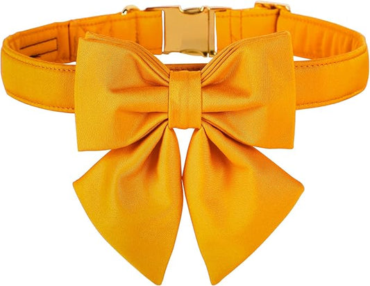 Maca Bates Mango Yellow Dog Collar with Cute Solid Sailor Bow Tie for Small Girl Boy Dogs,Adjustbale Durable Breakaway Soft Collars with Bowtie for Female Male Puppy,Pet with Metal Buckle